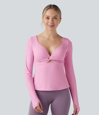 SoftlyZero™ Airy Push-Up Twisted Long Sleeve Thumb Holes Split Hem Yoga Sports Top