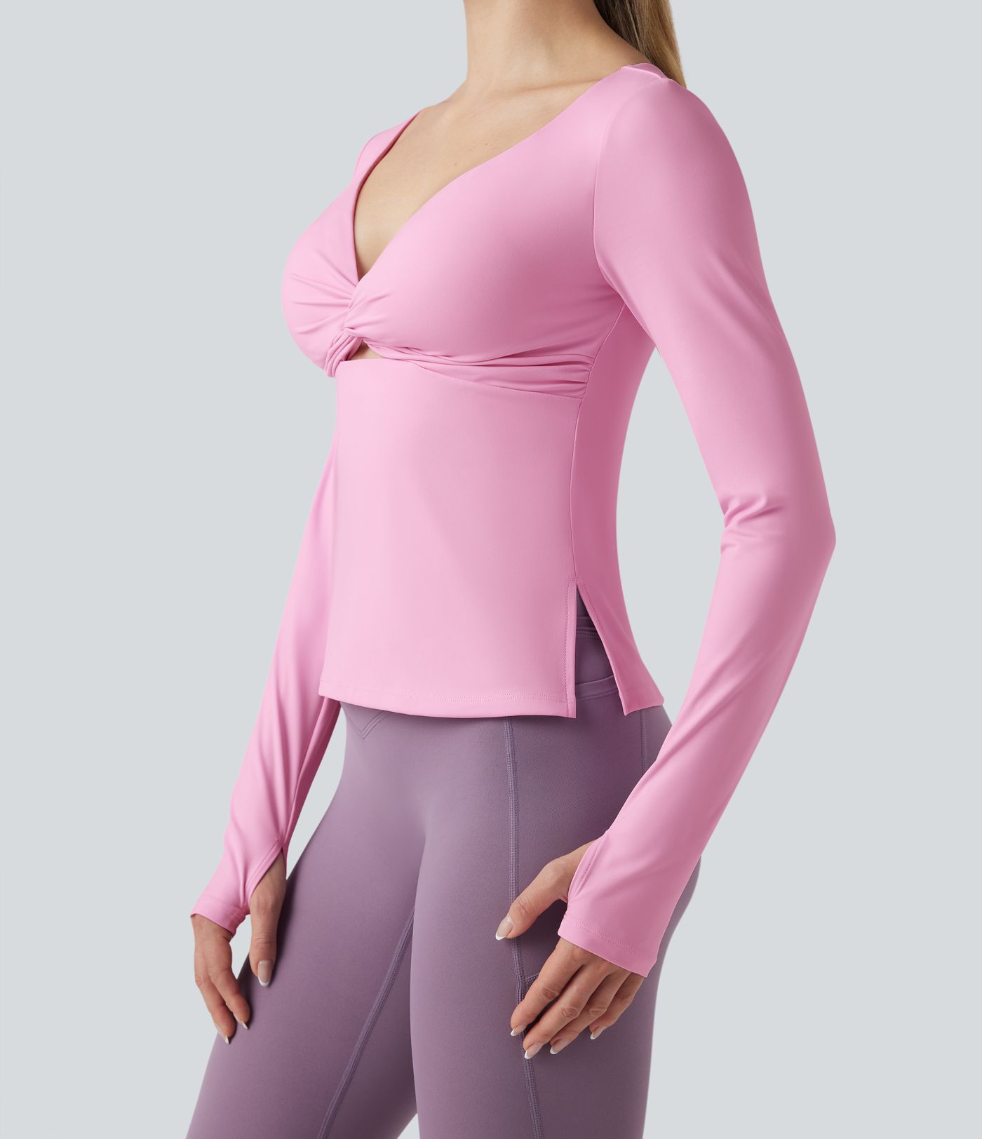 SoftlyZero™ Airy Push-Up Twisted Long Sleeve Thumb Holes Split Hem Yoga Sports Top