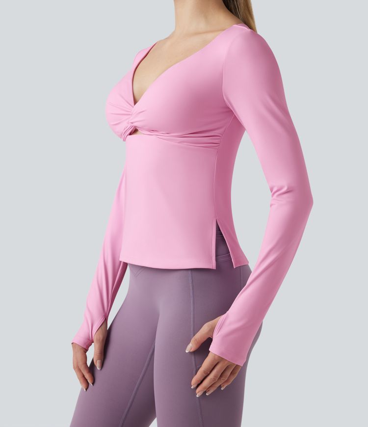 SoftlyZero™ Airy Push-Up Twisted Long Sleeve Thumb Holes Split Hem Yoga Sports Top