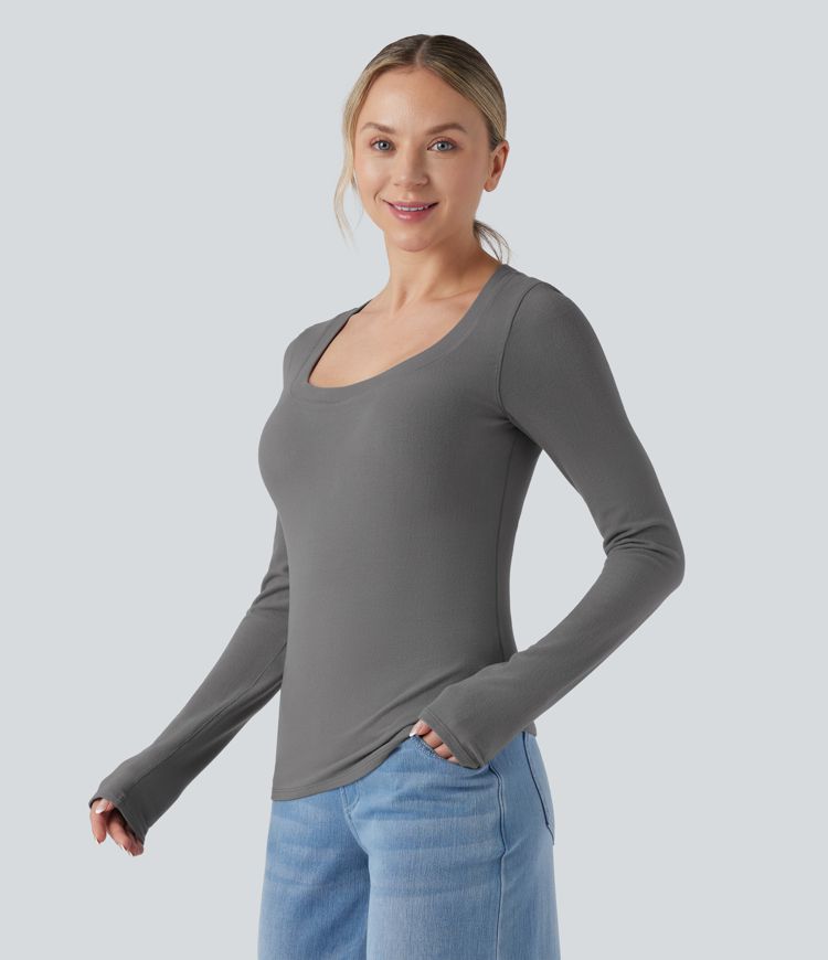 Scoop Neck Push-Up Long Sleeve Casual Warming Top D-F Cups