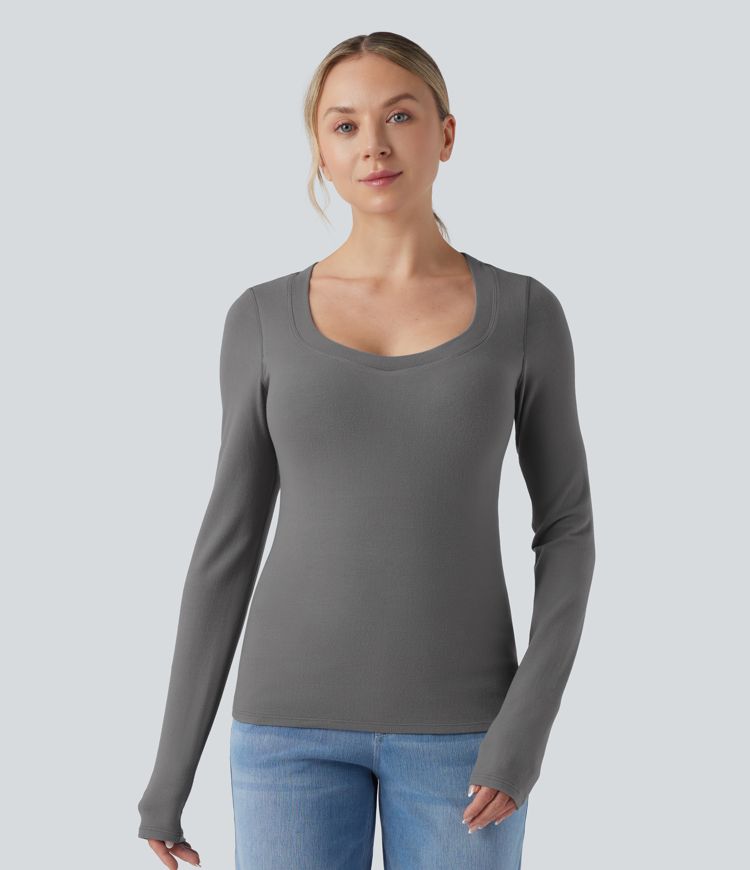 Scoop Neck Push-Up Long Sleeve Casual Warming Top D-F Cups