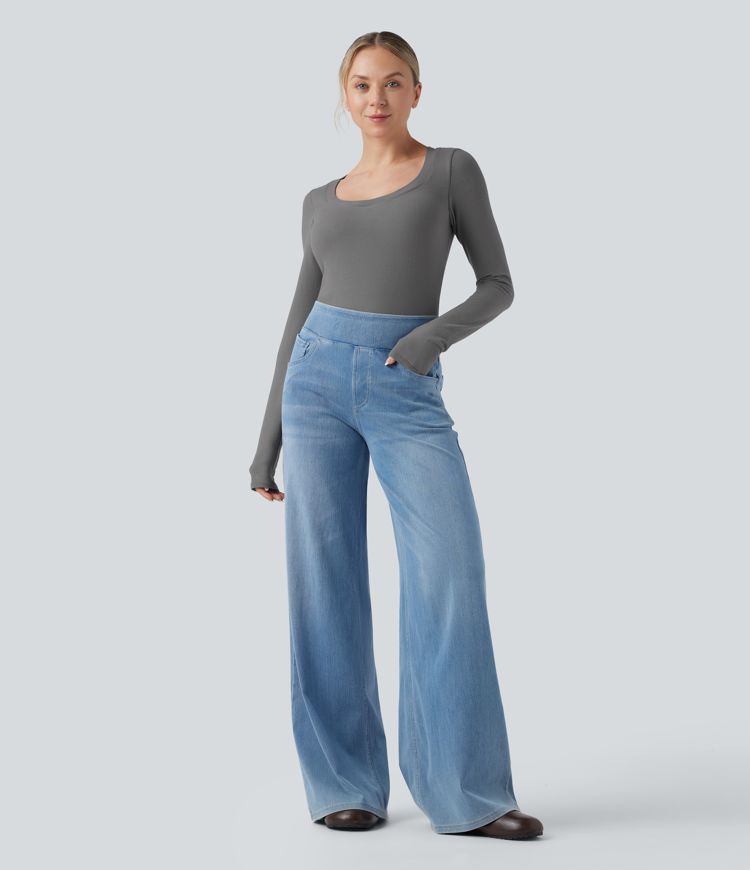 Scoop Neck Push-Up Long Sleeve Casual Warming Top D-F Cups