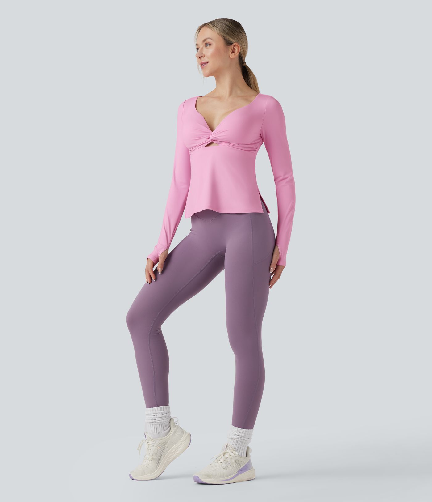 SoftlyZero™ Airy Push-Up Twisted Long Sleeve Thumb Holes Split Hem Yoga Sports Top