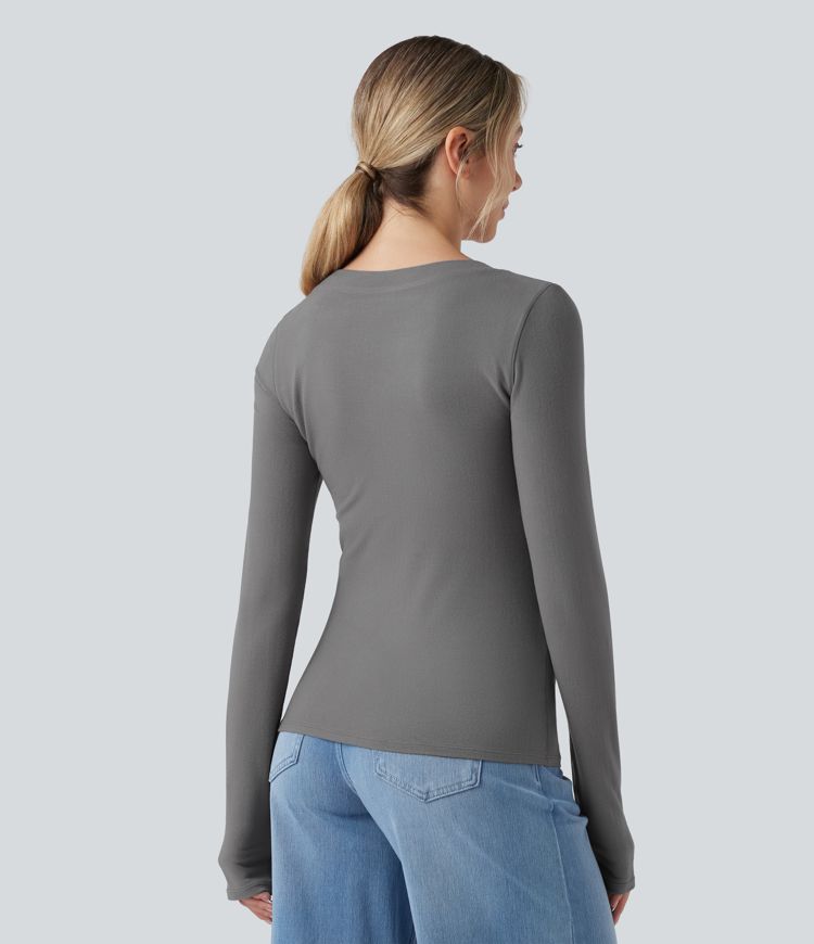Scoop Neck Push-Up Long Sleeve Casual Warming Top D-F Cups