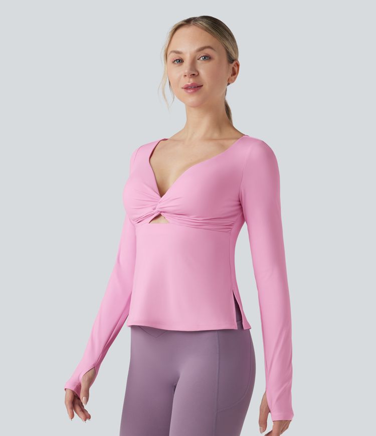 SoftlyZero™ Airy Push-Up Twisted Long Sleeve Thumb Holes Split Hem Yoga Sports Top