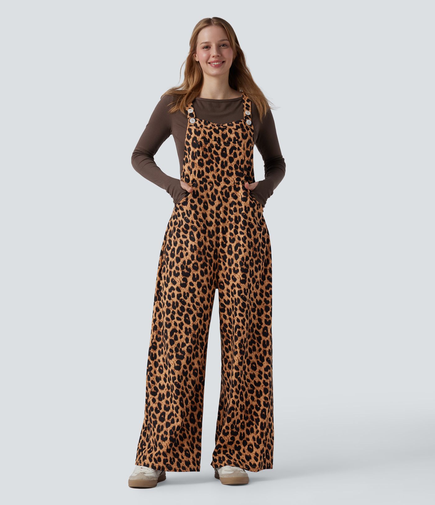Leopard Print Waffle Casual Overalls with Pockets