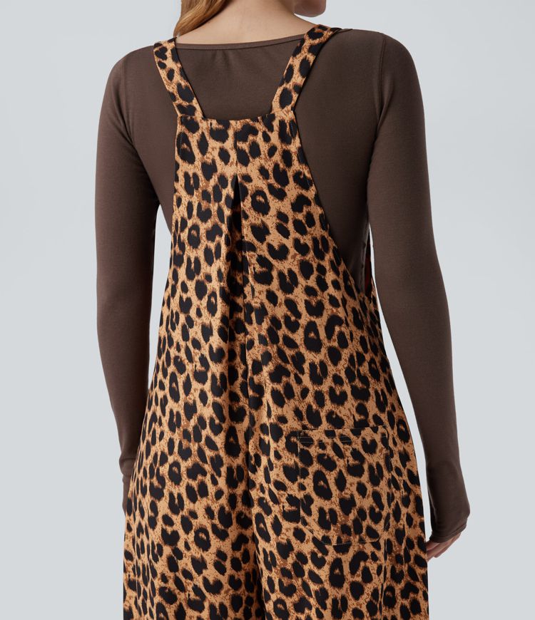 Leopard Print Waffle Casual Overalls with Pockets