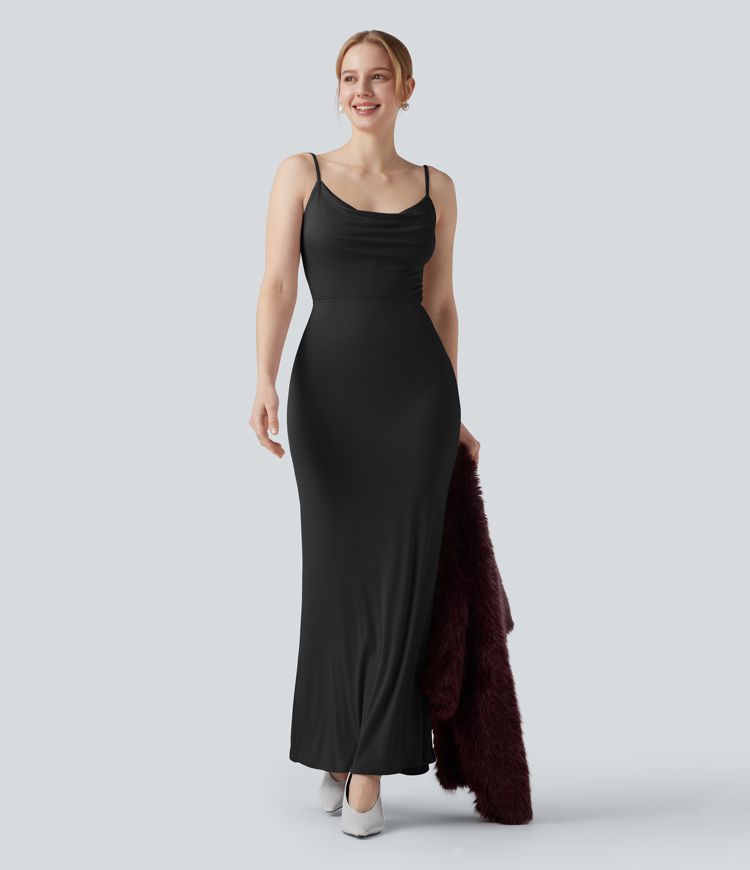 Ribbed Cowl Neck Backless Ruched Maxi Party Slip Dress