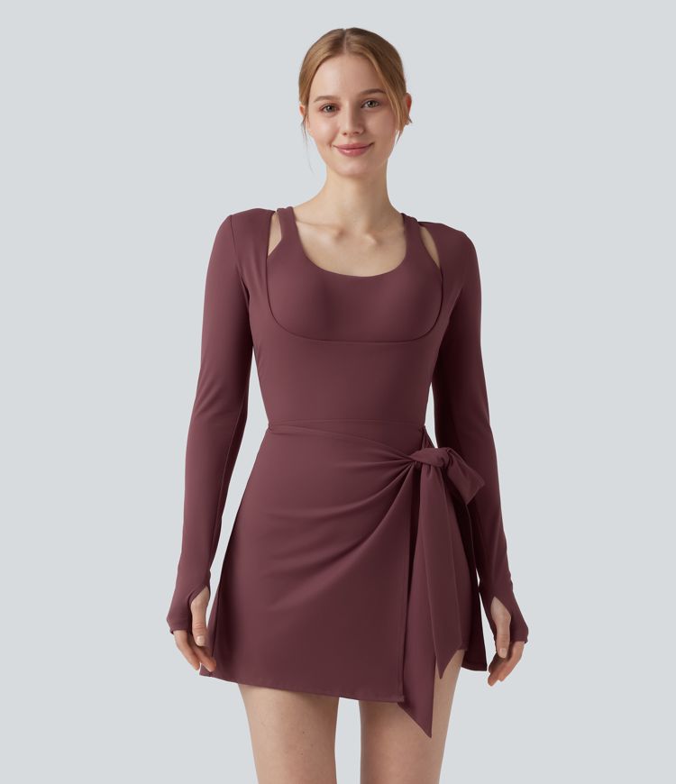 SoftlyZero™ Plush Push-Up Molded Cups Crisscross Backless Long Sleeve Thumb Holes Tie-side Pickleball Active Dress with Pockets-Easy Peezy