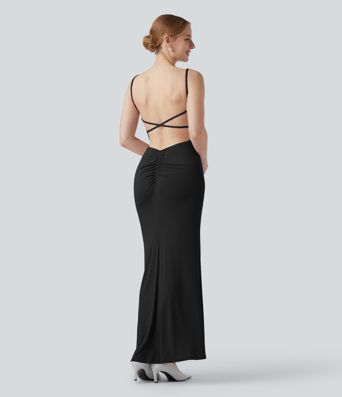 Ribbed Cowl Neck Backless Ruched Maxi Party Slip Dress