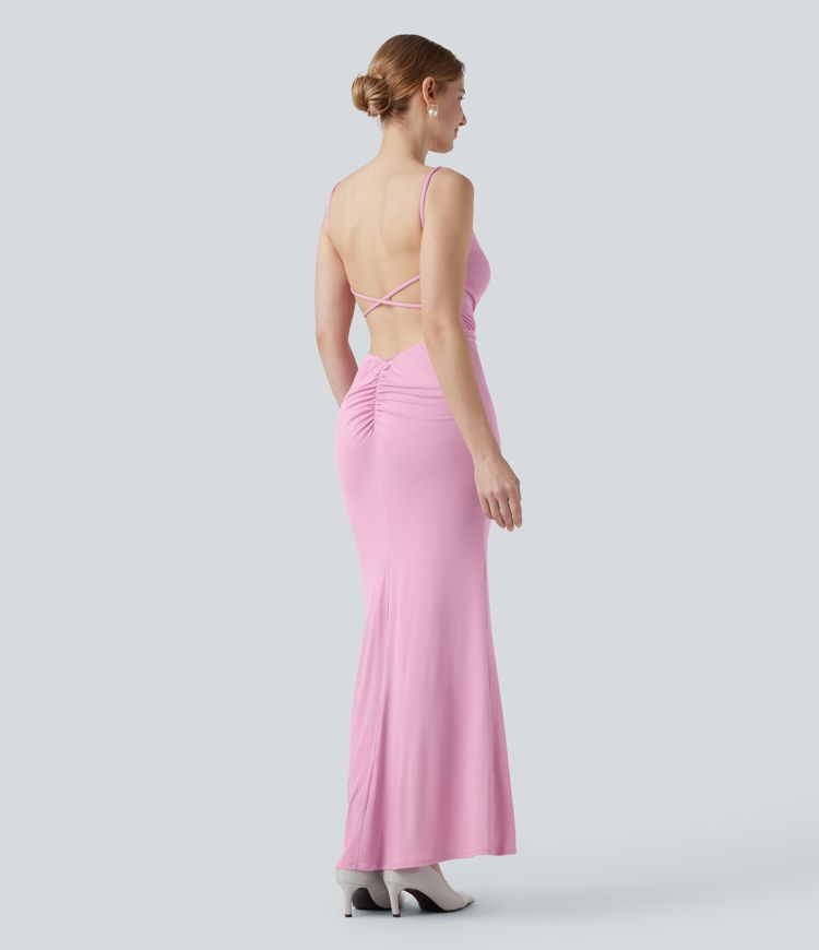 Ribbed Cowl Neck Backless Ruched Maxi Party Slip Dress