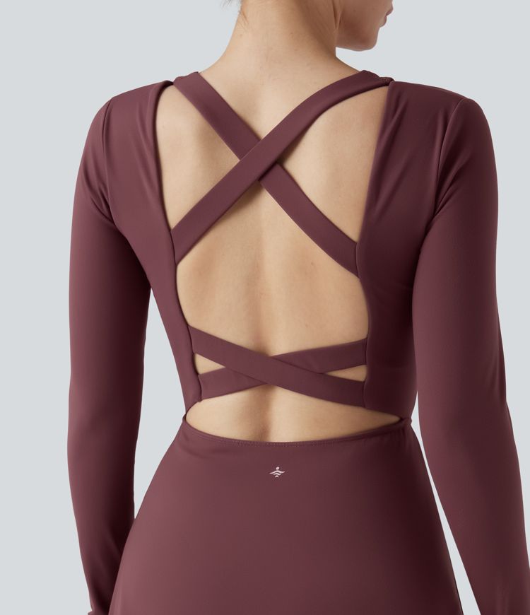 SoftlyZero™ Plush Push-Up Molded Cups Crisscross Backless Long Sleeve Thumb Holes Tie-side Pickleball Active Dress with Pockets-Easy Peezy