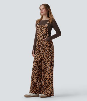 Leopard Print Waffle Casual Overalls with Pockets
