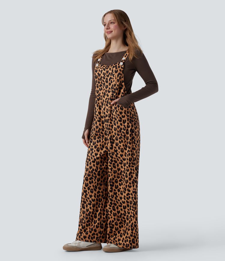 Leopard Print Waffle Casual Overalls with Pockets