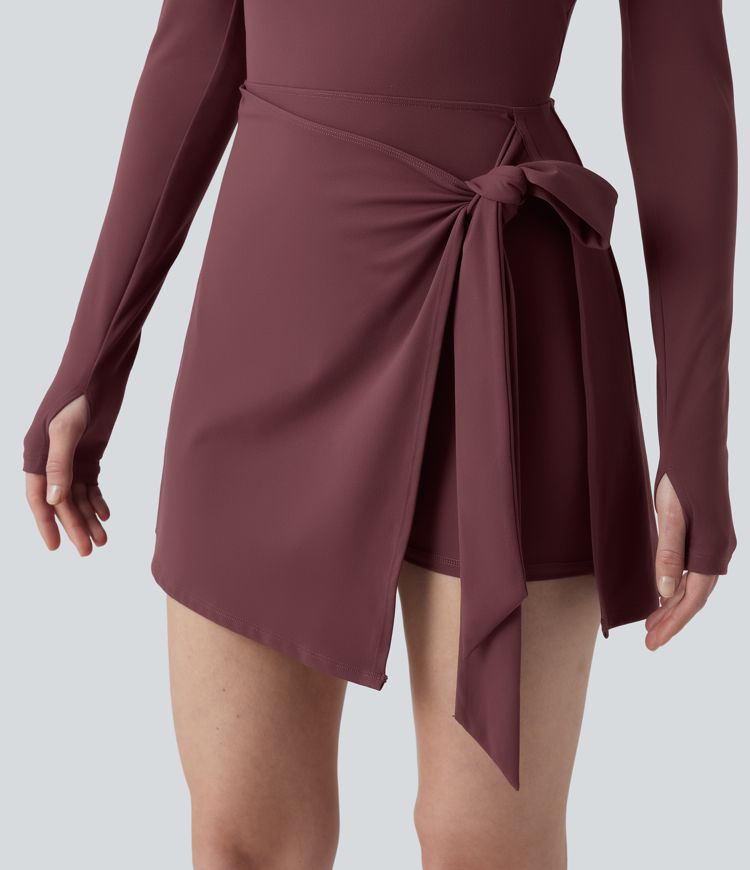 SoftlyZero™ Plush Push-Up Molded Cups Crisscross Backless Long Sleeve Thumb Holes Tie-side Pickleball Active Dress with Pockets-Easy Peezy