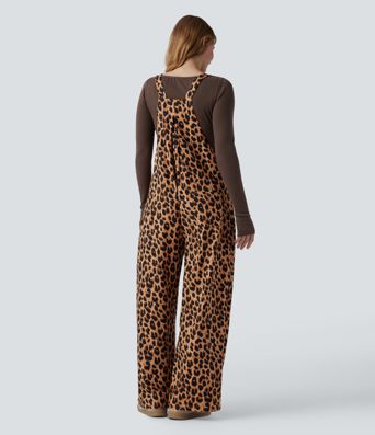 Leopard Print Waffle Casual Overalls with Pockets