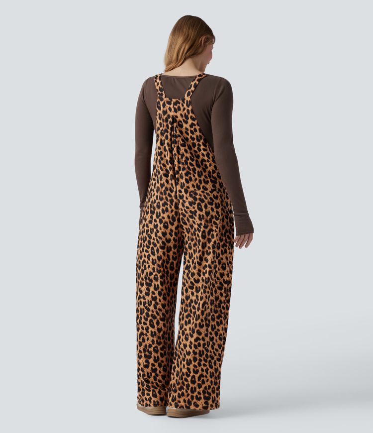 Leopard Print Waffle Casual Overalls with Pockets