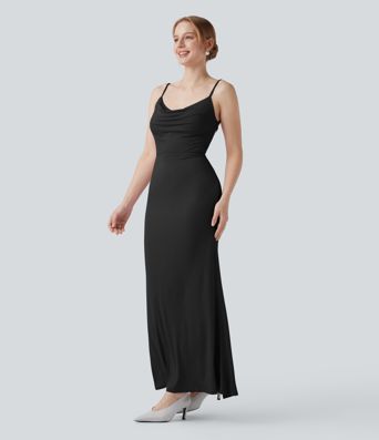 Ribbed Cowl Neck Backless Ruched Maxi Party Slip Dress
