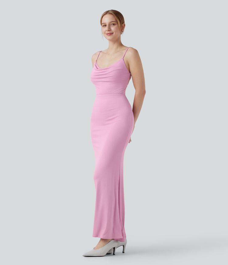 Ribbed Cowl Neck Backless Ruched Maxi Party Slip Dress