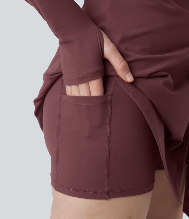 SoftlyZero™ Plush Push-Up Molded Cups Crisscross Backless Long Sleeve Thumb Holes Tie-side Pickleball Active Dress with Pockets-Easy Peezy