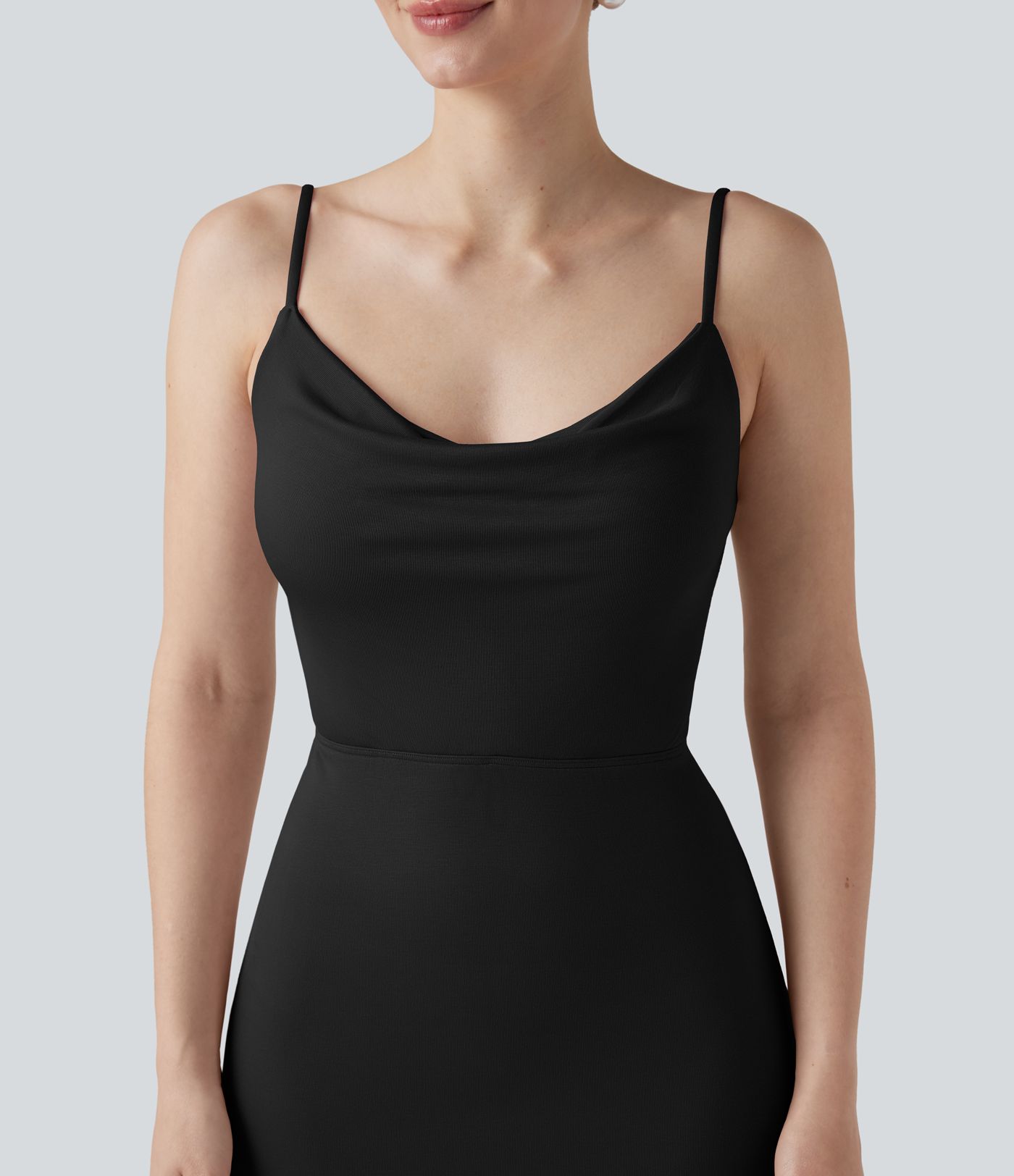 Ribbed Cowl Neck Backless Ruched Maxi Party Slip Dress