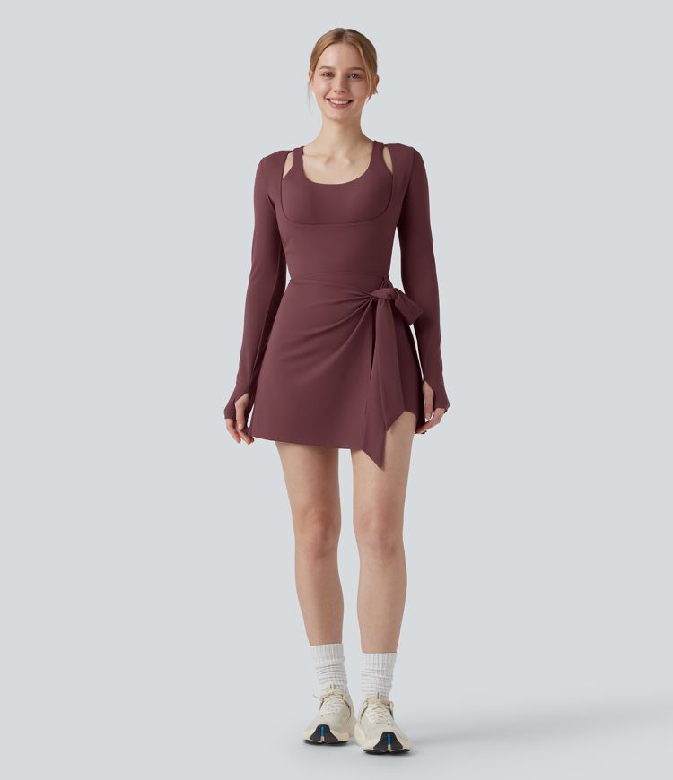 SoftlyZero™ Plush Push-Up Molded Cups Crisscross Backless Long Sleeve Thumb Holes Tie-side Pickleball Active Dress with Pockets-Easy Peezy