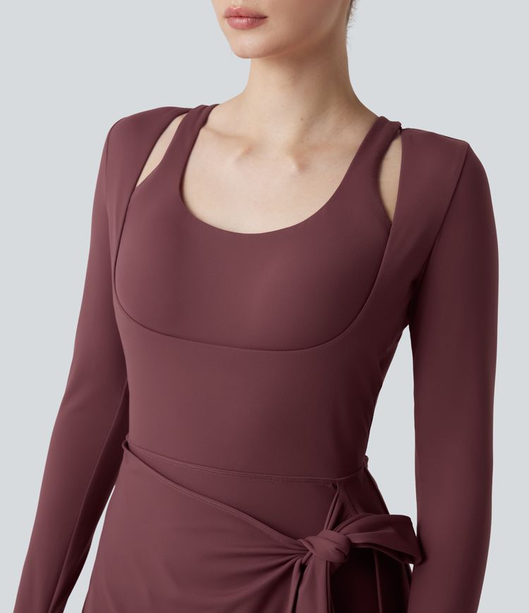 SoftlyZero™ Plush Push-Up Molded Cups Crisscross Backless Long Sleeve Thumb Holes Tie-side Pickleball Active Dress with Pockets-Easy Peezy