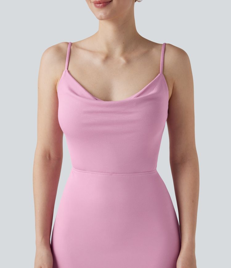 Ribbed Cowl Neck Backless Ruched Maxi Party Slip Dress