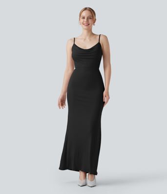 Ribbed Cowl Neck Backless Ruched Maxi Party Slip Dress