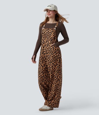 Leopard Print Waffle Casual Overalls with Pockets