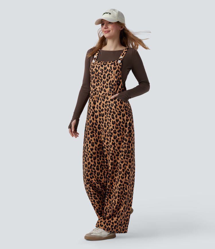 Leopard Print Waffle Casual Overalls with Pockets