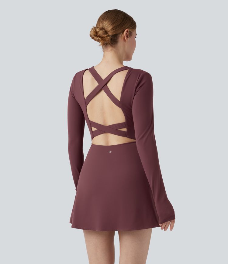 SoftlyZero™ Plush Push-Up Molded Cups Crisscross Backless Long Sleeve Thumb Holes Tie-side Pickleball Active Dress with Pockets-Easy Peezy