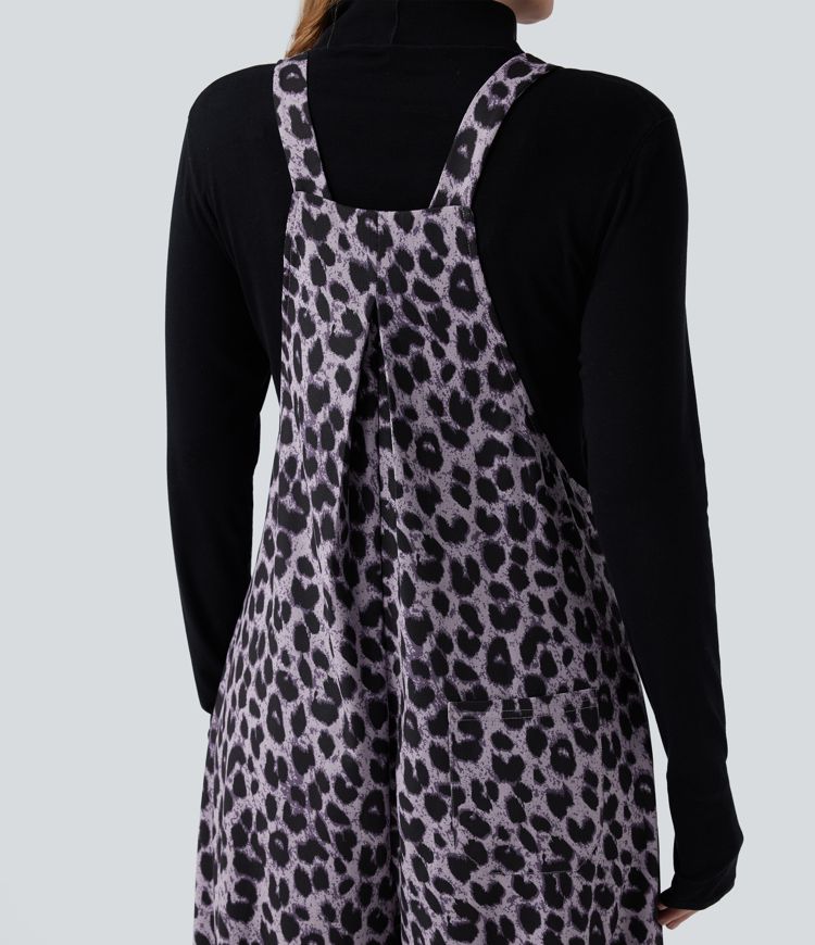 Leoparden-Print Waffel Lässige Latzhose mit Taschen