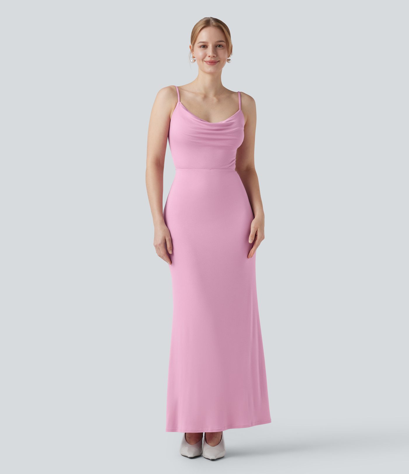 Ribbed Cowl Neck Backless Ruched Maxi Party Slip Dress