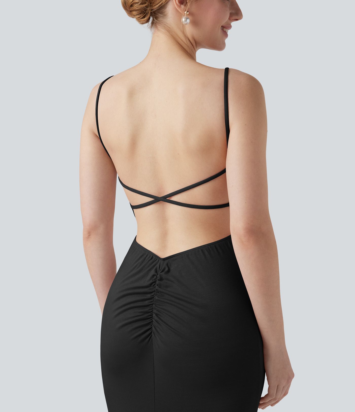 Ribbed Cowl Neck Backless Ruched Maxi Party Slip Dress
