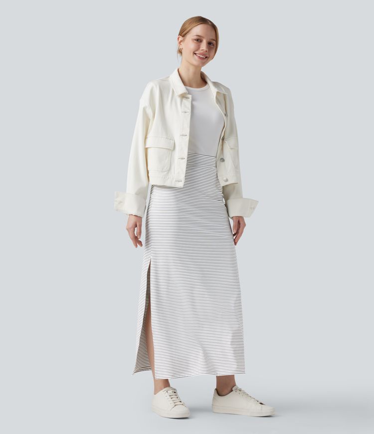 High Waisted A-Line Stripe Maxi Casual Skirt