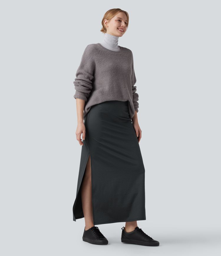 High Waisted A-Line Stripe Maxi Casual Skirt
