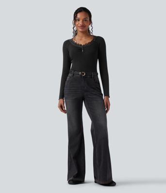 Ribbineuloksinen Henley-toppi kontrastipitsillä, pitkähihainen ja rento