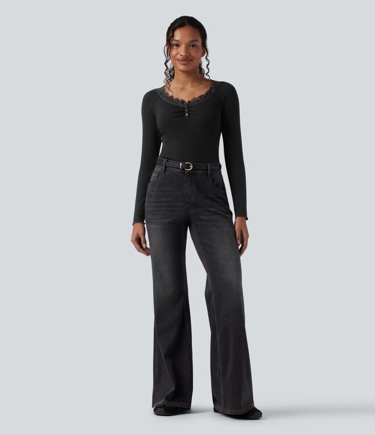 Ribbineuloksinen Henley-toppi kontrastipitsillä, pitkähihainen ja rento