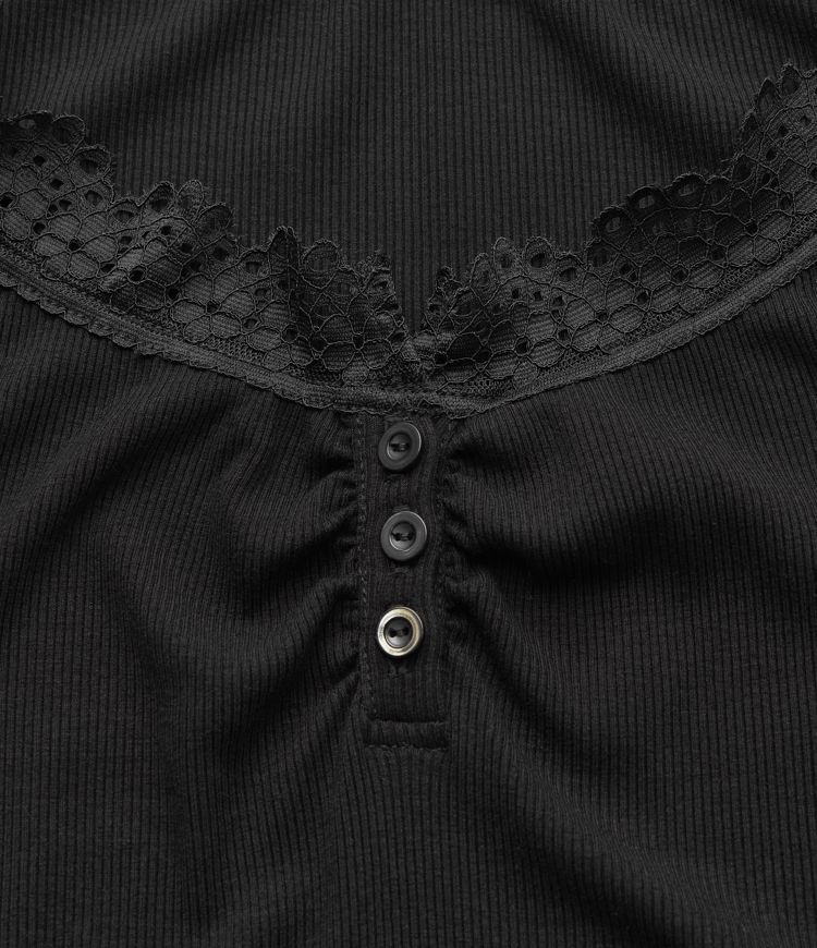 Ribbineuloksinen Henley-toppi kontrastipitsillä, pitkähihainen ja rento