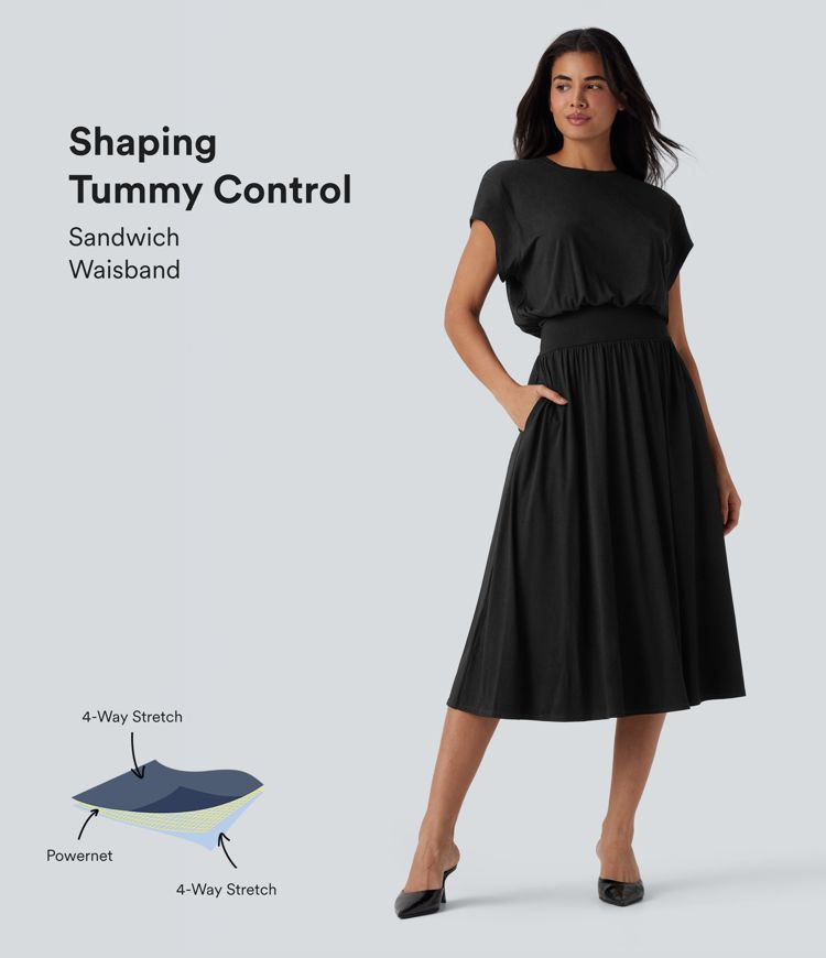Tummy Control Batwing Sleeve Flowy Midi Work Dress with Pockets