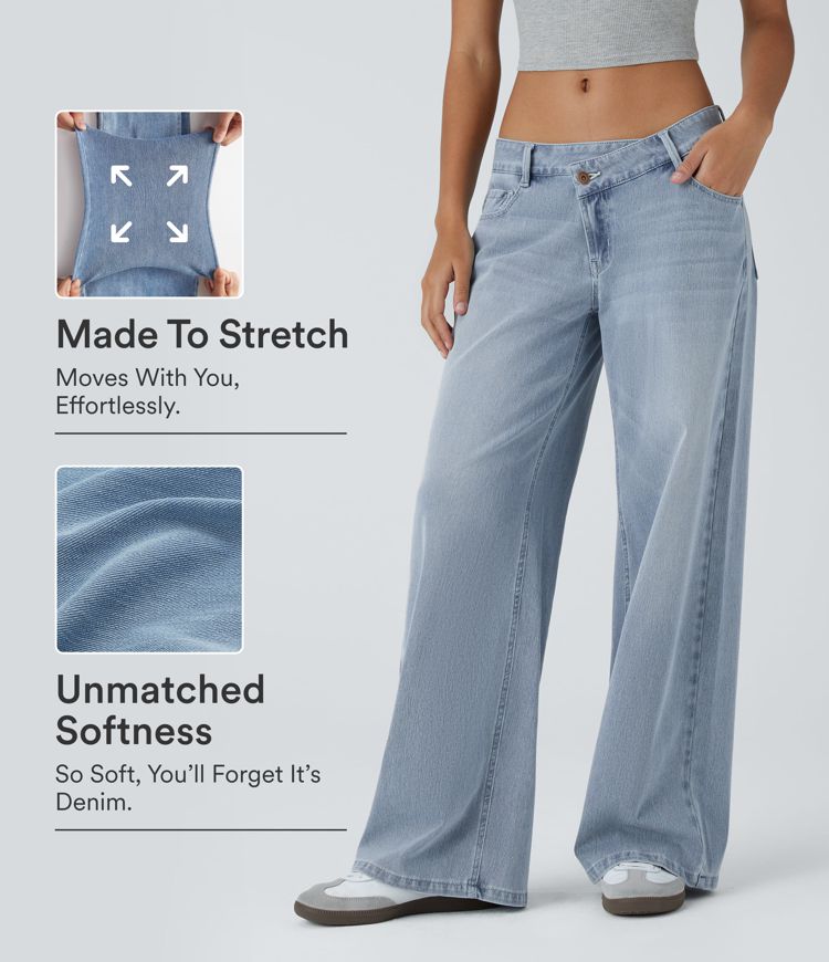 Halara Flex™ Asymmetric Low Rise Zipper Pockets Baggy Wide Leg Washed Casual Jeans