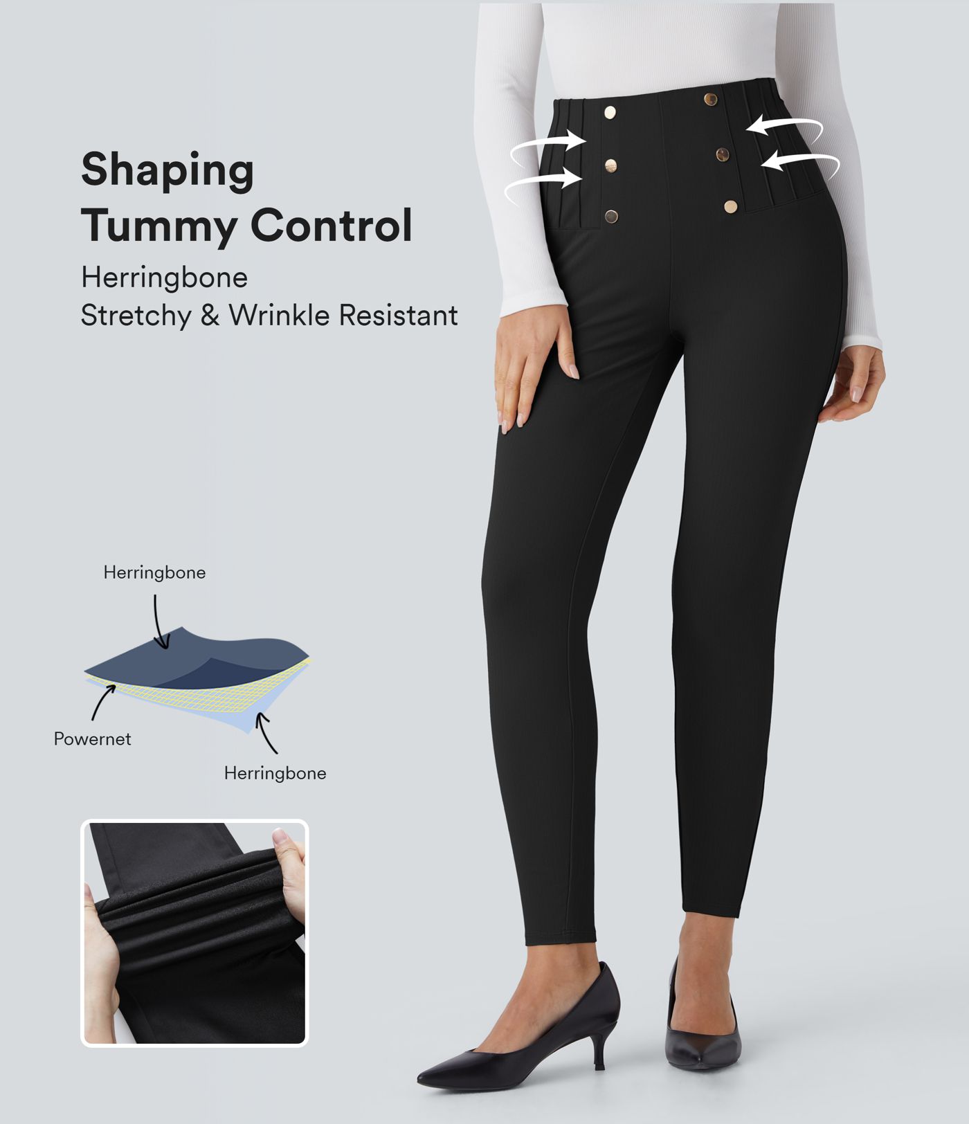 High Waisted Tummy Control Decorative Back Zipper Pockets Herringbone Work Leggings
