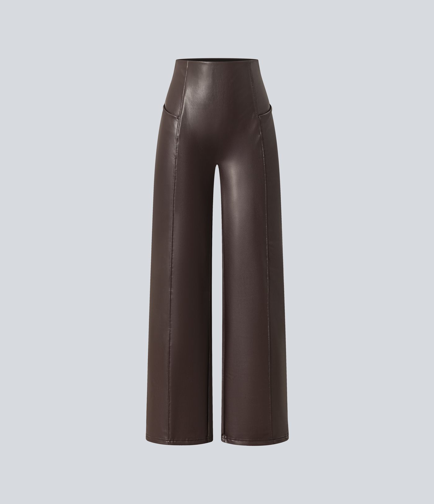 Hoch geschnittene, bauchformende, elastische PU-Fleece-Freizeithosen mit ausgestelltem Schnitt und Taschen Hoch geschnittene, bauchformende, elastische PU-Fleece-Freizeithosen mit ausgestelltem Schnitt und Taschen