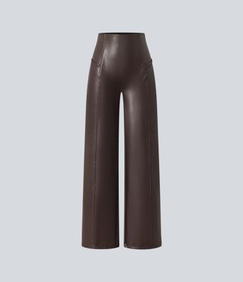 Hoch geschnittene, bauchformende, elastische PU-Fleece-Freizeithosen mit ausgestelltem Schnitt und Taschen Hoch geschnittene, bauchformende, elastische PU-Fleece-Freizeithosen mit ausgestelltem Schnitt und Taschen