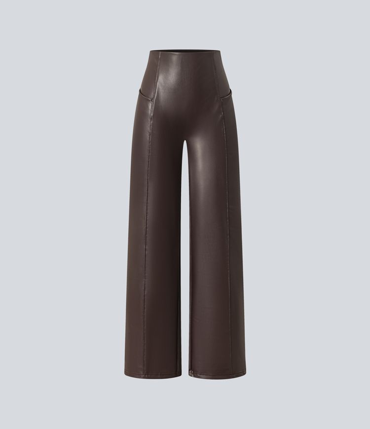 Hoch geschnittene, bauchformende, elastische PU-Fleece-Freizeithosen mit ausgestelltem Schnitt und Taschen Hoch geschnittene, bauchformende, elastische PU-Fleece-Freizeithosen mit ausgestelltem Schnitt und Taschen