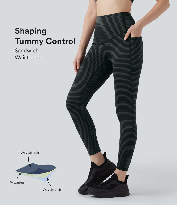 High Waisted Tummy Control Stripe Yoga Leggings with Pockets