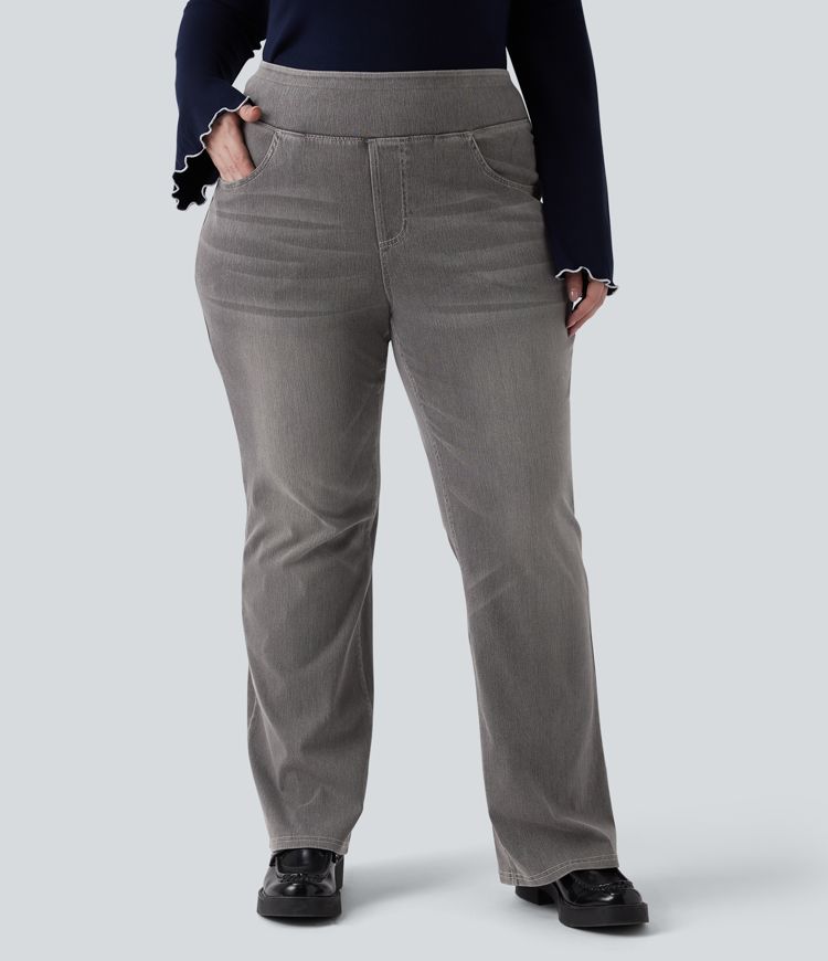 Plus Size Halara Flex™ Hoch taillierte Jeans mit mehreren Taschen, gewaschener, dehnbarer Strick, lässiger Bootcut, Übergröße