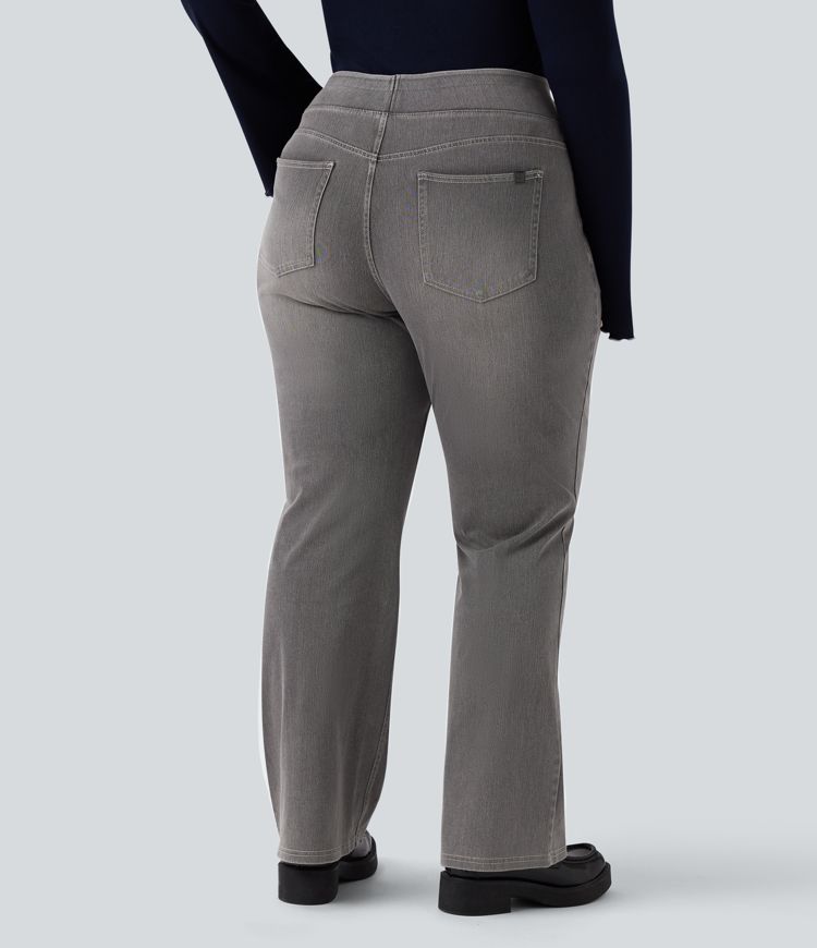 Plus Size Halara Flex™ Hoch taillierte Jeans mit mehreren Taschen, gewaschener, dehnbarer Strick, lässiger Bootcut, Übergröße