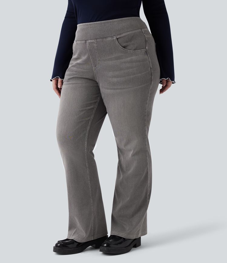 Plus Size Halara Flex™ Hoch taillierte Jeans mit mehreren Taschen, gewaschener, dehnbarer Strick, lässiger Bootcut, Übergröße